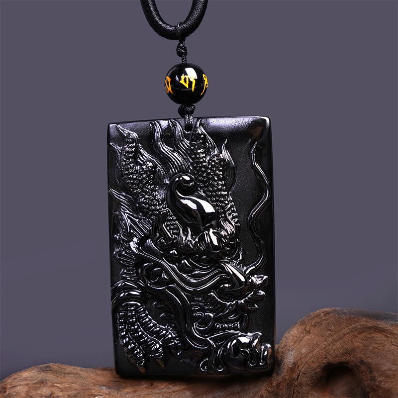 Buddha Stones Colgante de Éxito Rectangular con Dragón Grabado Natural de Obsidiana Negra - image 14