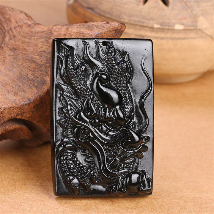 Buddha Stones Colgante de Éxito Rectangular con Dragón Grabado Natural de Obsidiana Negra - image 16