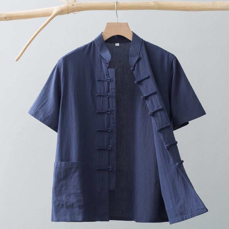 Buddha Stones Camisa de Manga Corta de Estilo Tang con Botón de Rana China para Hombre, Ropa de Algodón y Lino con Bolsillos - Azul acero - US/UK/AU44, EU54 (4XL) - image 14
