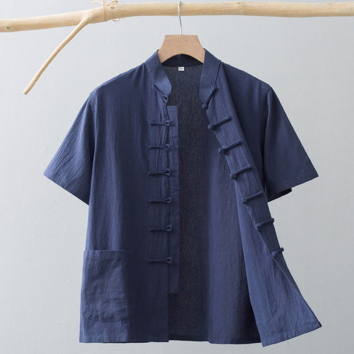 Buddha Stones Camisa de Manga Corta de Estilo Tang con Botón de Rana China para Hombre, Ropa de Algodón y Lino con Bolsillos - Azul acero - US/UK/AU44, EU54 (4XL) - image 14