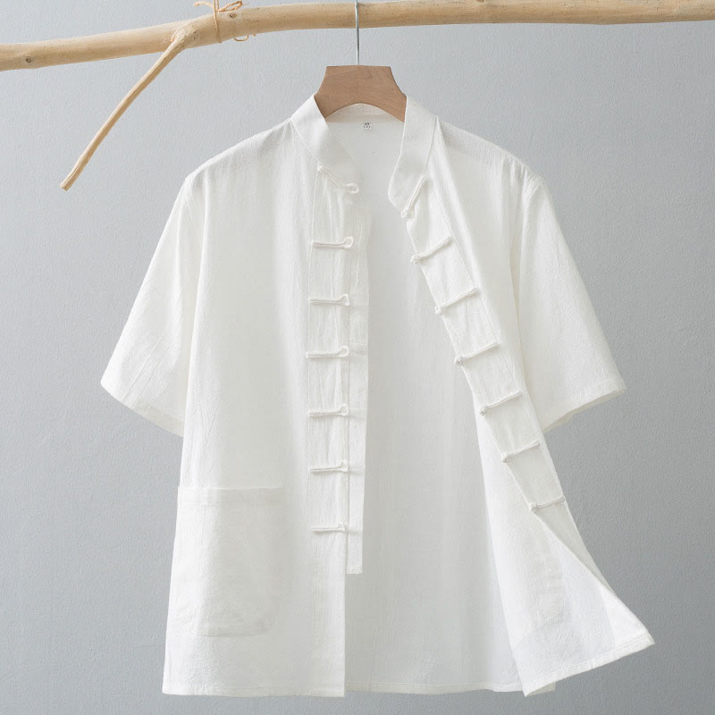 Buddha Stones Camisa de Manga Corta de Estilo Tang con Botón de Rana China para Hombre, Ropa de Algodón y Lino con Bolsillos - Blanco - US/UK/AU44, EU54 (4XL) - image 0