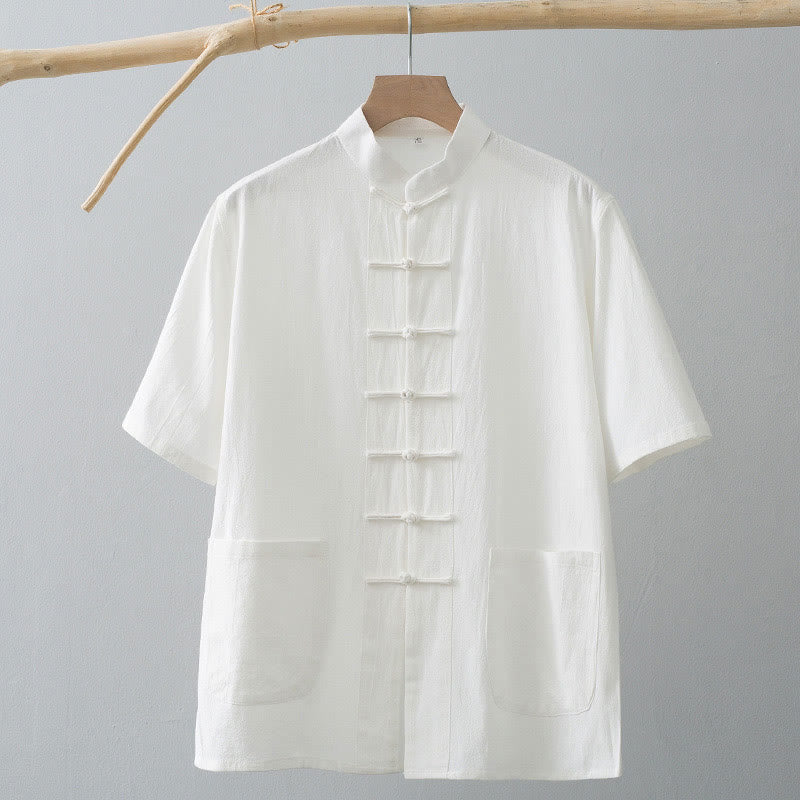 Buddha Stones Camisa de Manga Corta de Estilo Tang con Botón de Rana China para Hombre, Ropa de Algodón y Lino con Bolsillos - image 1