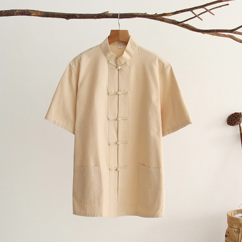 Buddha Stones Camisa de manga corta de algodón con botones de rana chinos estilo tanga para hombres con bolsillos - Sopa de mariscos - US/UK/AU44, EU54 (4XL) - image 11