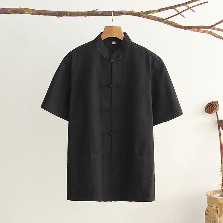 Buddha Stones Camisa de manga corta de algodón con botones de rana chinos estilo tanga para hombres con bolsillos - Negro - US/UK/AU44, EU54 (4XL) - image 18