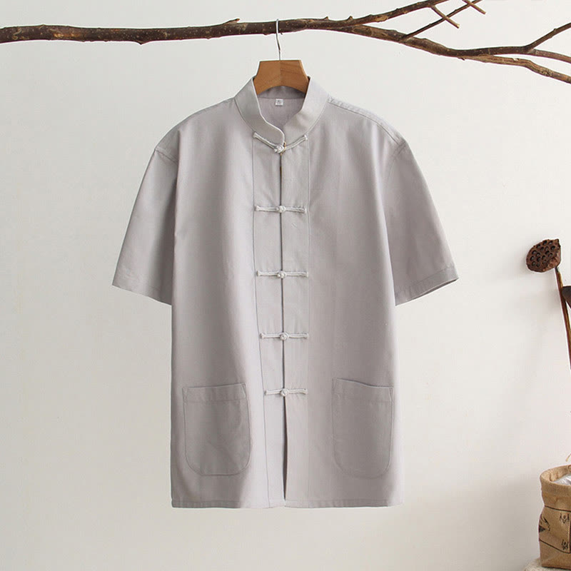 Buddha Stones Camisa de manga corta de algodón con botones de rana chinos estilo tanga para hombres con bolsillos - Gris claro - US/UK/AU44, EU54 (4XL) - image 9