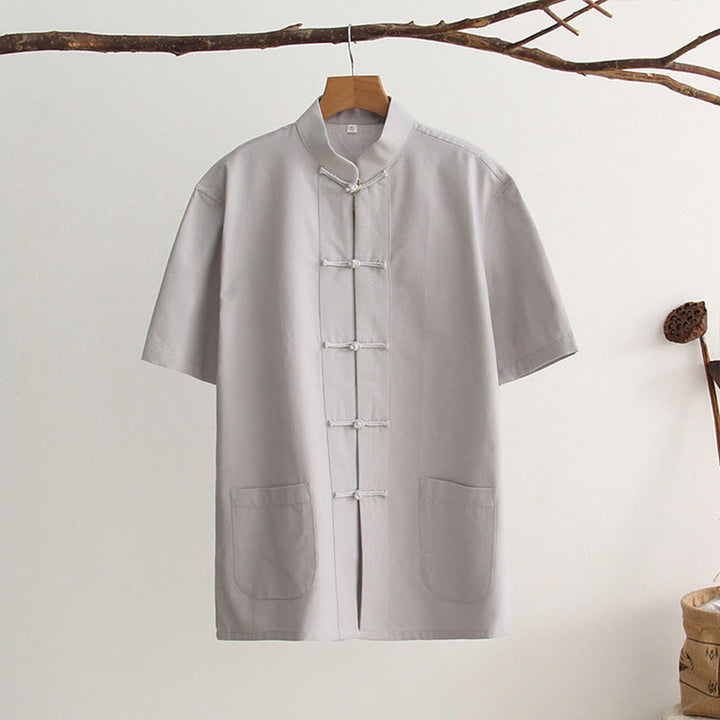 Buddha Stones Camisa de manga corta de algodón con botones de rana chinos estilo tanga para hombres con bolsillos - Gris claro - US/UK/AU44, EU54 (4XL) - image 9