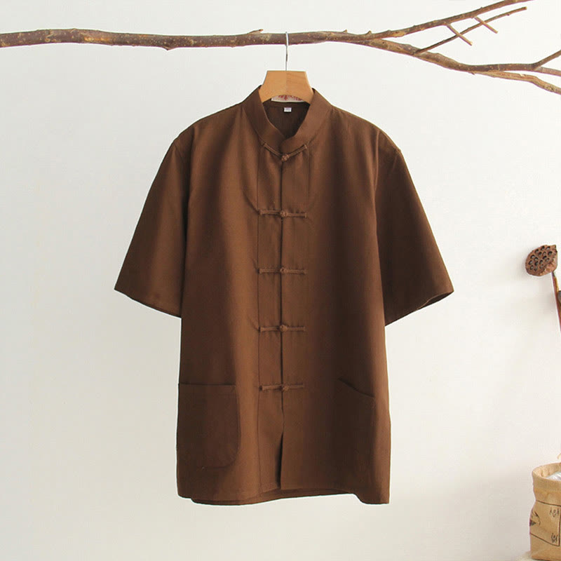 Buddha Stones Camisa de manga corta de algodón con botones de rana chinos estilo tanga para hombres con bolsillos - SaddleBrown - US/UK/AU44, EU54 (4XL) - image 23