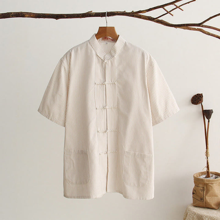 Buddha Stones Camisa de manga corta de algodón con botones de rana chinos estilo tanga para hombres con bolsillos - Lino - US/UK/AU44, EU54 (4XL) - image 20