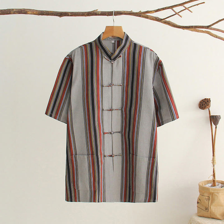 Buddha Stones Camisa de manga corta de algodón con botones de rana chinos estilo tanga para hombres con bolsillos - Gris oscuro - US/UK/AU44, EU54 (4XL) - image 25