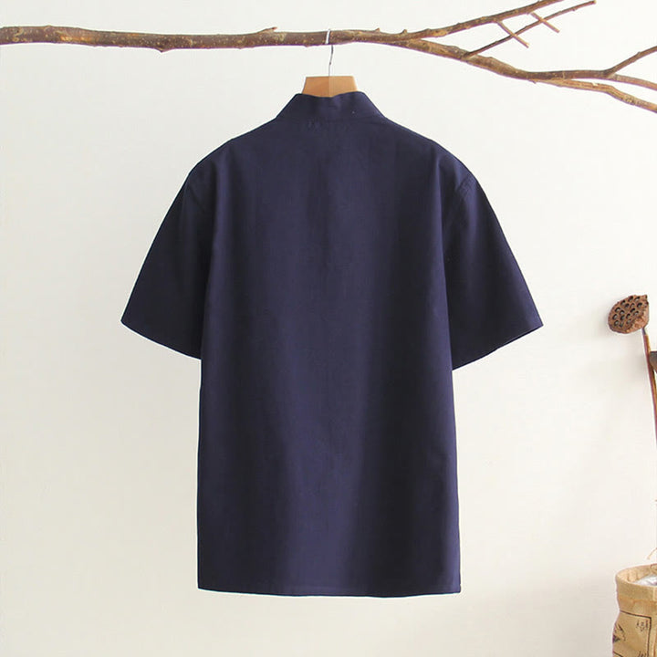 Buddha Stones Camisa de manga corta de algodón con botones de rana chinos estilo tanga para hombres con bolsillos - image 13