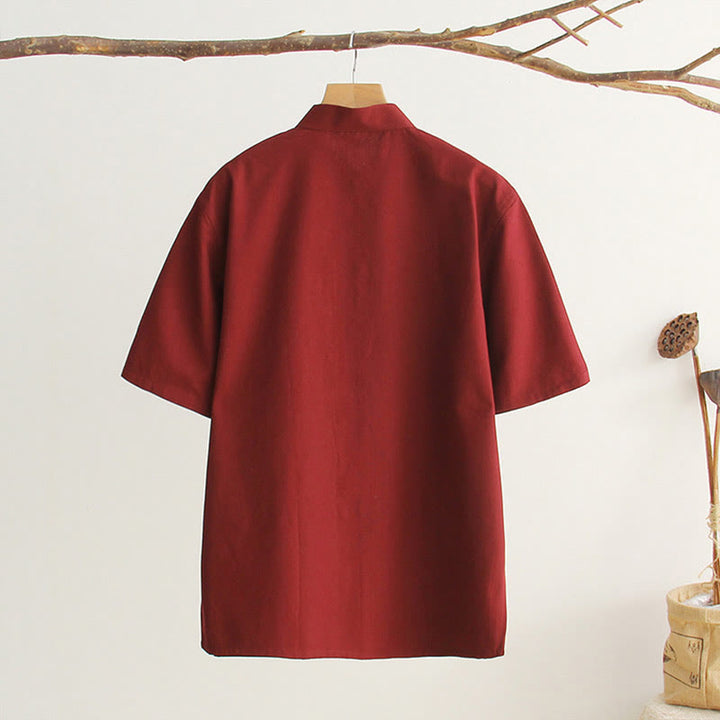 Buddha Stones Camisa de manga corta de algodón con botones de rana chinos estilo tanga para hombres con bolsillos - image 17