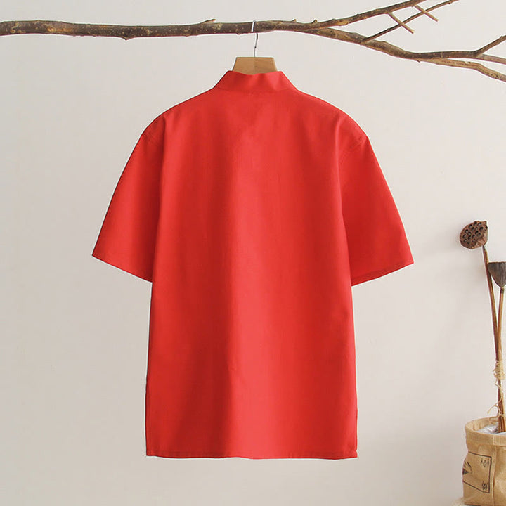 Buddha Stones Camisa de manga corta de algodón con botones de rana chinos estilo tanga para hombres con bolsillos - image 16