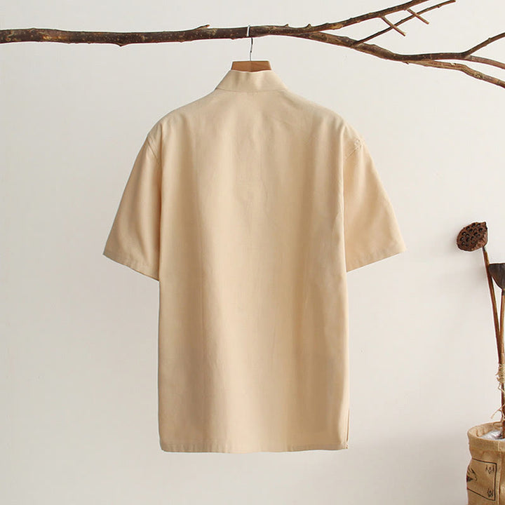 Buddha Stones Camisa de manga corta de algodón con botones de rana chinos estilo tanga para hombres con bolsillos - image 12