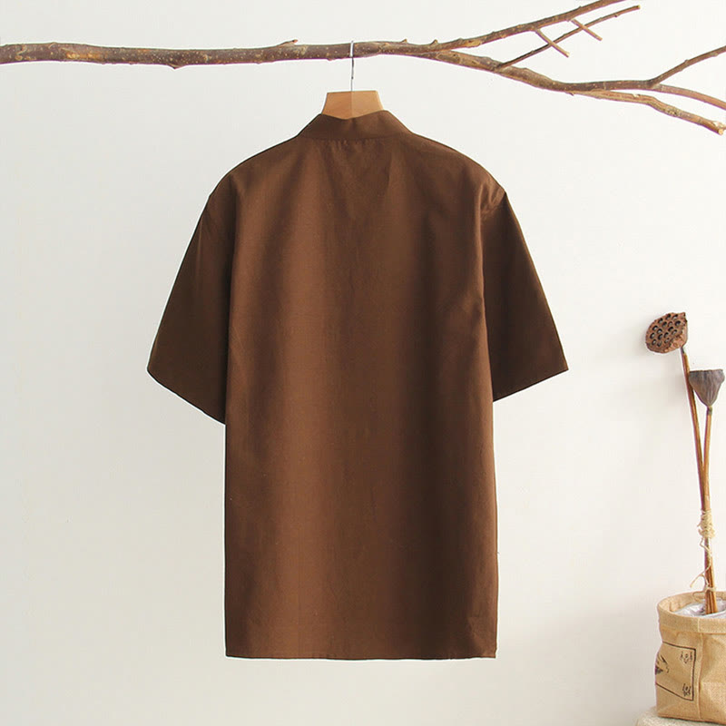 Buddha Stones Camisa de manga corta de algodón con botones de rana chinos estilo tanga para hombres con bolsillos - image 24