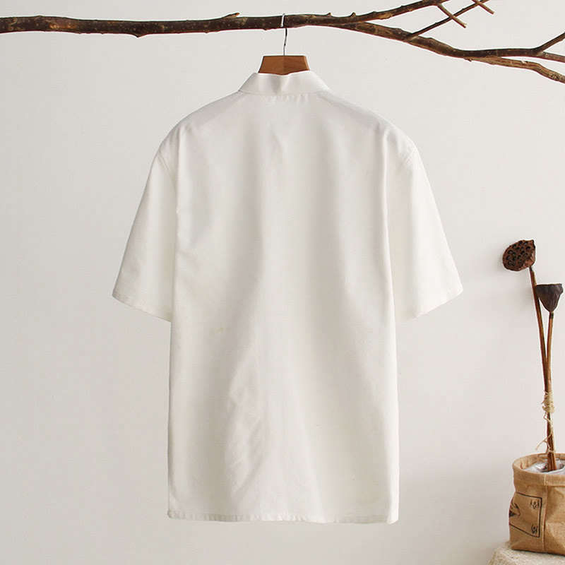 Buddha Stones Camisa de manga corta de algodón con botones de rana chinos estilo tanga para hombres con bolsillos - image 2