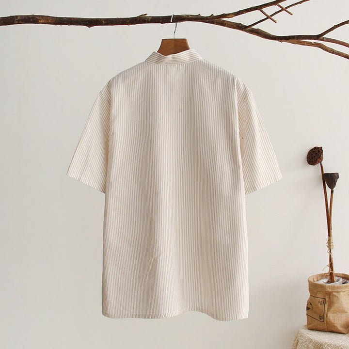 Buddha Stones Camisa de manga corta de algodón con botones de rana chinos estilo tanga para hombres con bolsillos - image 21