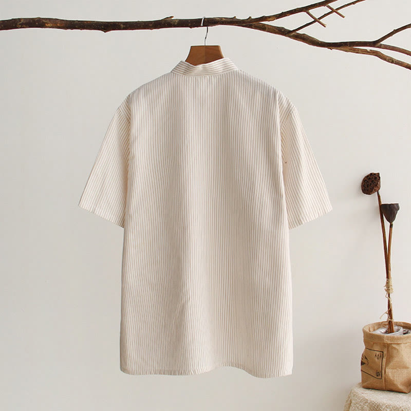 Buddha Stones Camisa de manga corta de algodón con botones de rana chinos estilo tanga para hombres con bolsillos - image 21