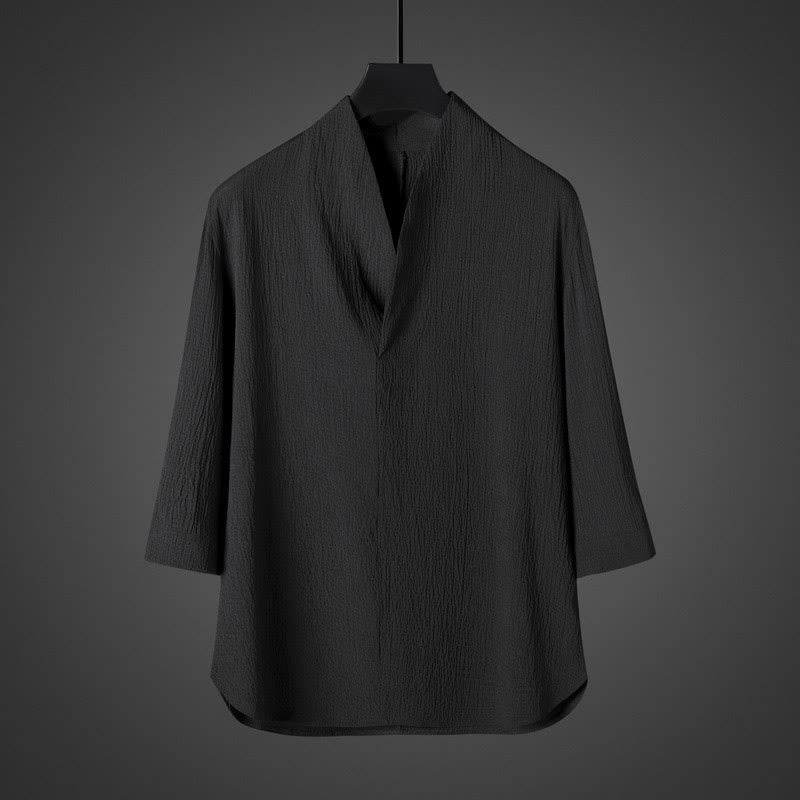Camisa casual de hombre con cuello en V y manga tres cuartos de Buddha Stones - Negro - US/UK/AU46, EU56 (5XL) - image 5