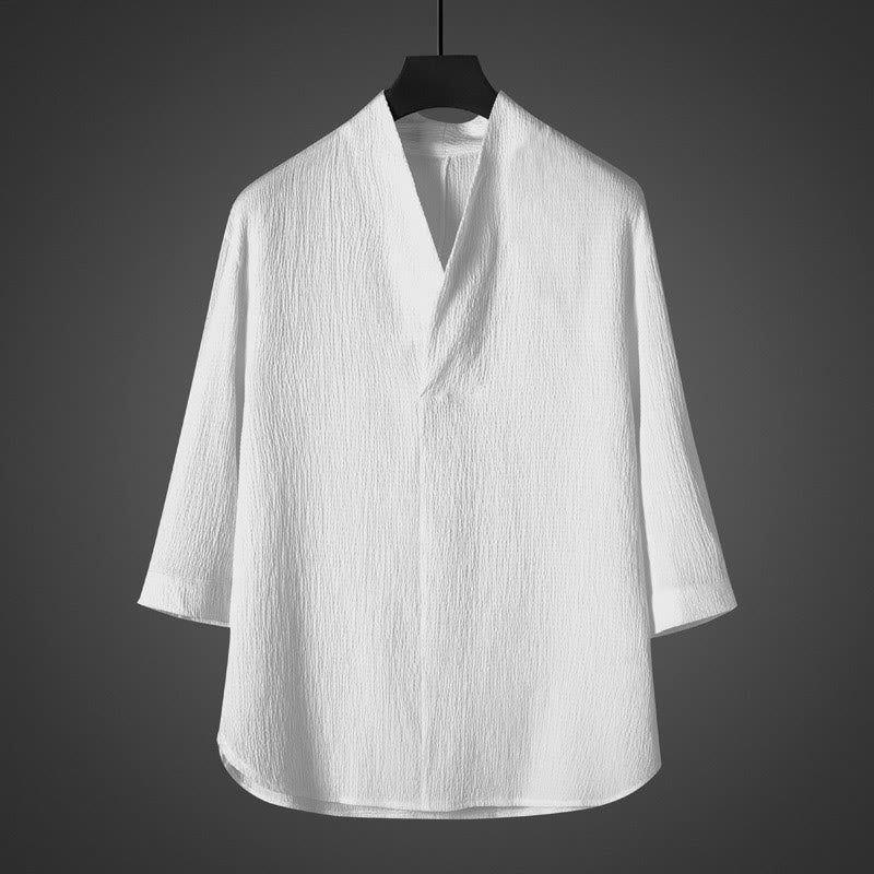 Camisa casual de hombre con cuello en V y manga tres cuartos de Buddha Stones - Blanco - US/UK/AU46, EU56 (5XL) - image 0