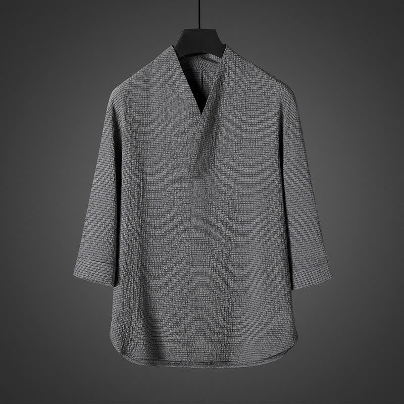 Camisa casual de hombre con cuello en V y manga tres cuartos de Buddha Stones - Gris oscuro - US/UK/AU46, EU56 (5XL) - image 2