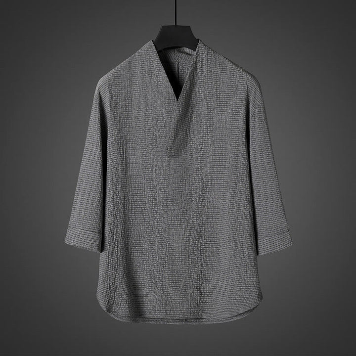 Camisa casual de hombre con cuello en V y manga tres cuartos de Buddha Stones - Gris oscuro - US/UK/AU46, EU56 (5XL) - image 2