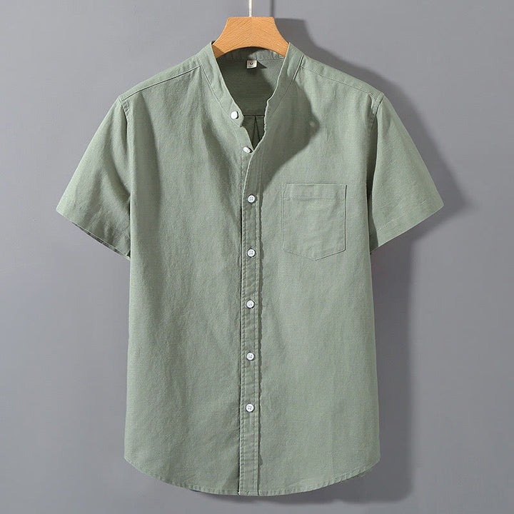 Camisa de Verano de Algodón y Lino para Hombre de Manga Corta con Botones de Buddha Stones - Verde mar oscuro - US/UK/AU42, EU52 (3XL)  - image 0