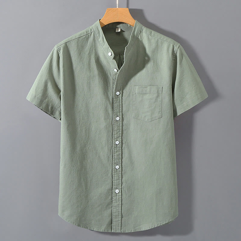 Camisa de Verano de Algodón y Lino para Hombre de Manga Corta con Botones de Buddha Stones - Verde mar oscuro - US/UK/AU42, EU52 (3XL)  - image 0