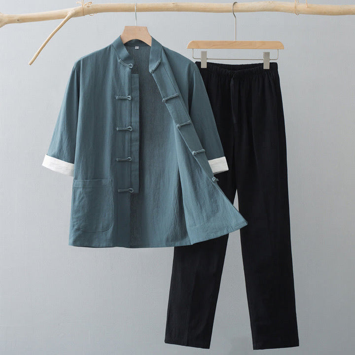 Conjunto de ropa para hombre con pantalones y camisa de media manga de algodón con botones tradicionales de rana estilo Tang de Buddha Stones - Top verde y pantalones negros - US/UK/AU44, EU54 (4XL)  - image 0