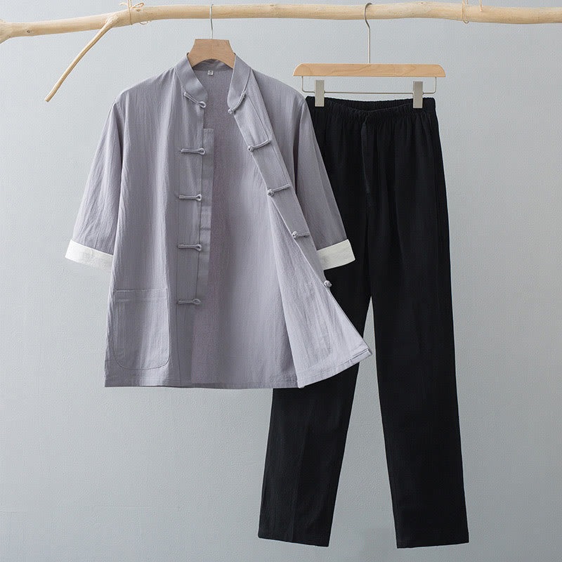 Conjunto de ropa para hombre con pantalones y camisa de media manga de algodón con botones tradicionales de rana estilo Tang de Buddha Stones - Top gris y pantalones negros - US/UK/AU44, EU54 (4XL)  - image 7