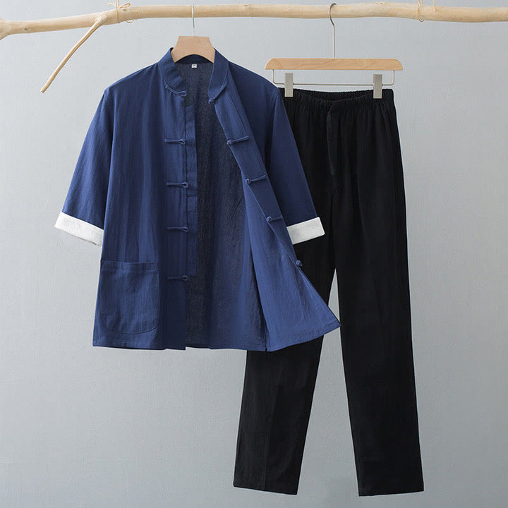 Conjunto de ropa para hombre con pantalones y camisa de media manga de algodón con botones tradicionales de rana estilo Tang de Buddha Stones - Top azul marino y pantalones negros - US/UK/AU44, EU54 (4XL)  - image 8
