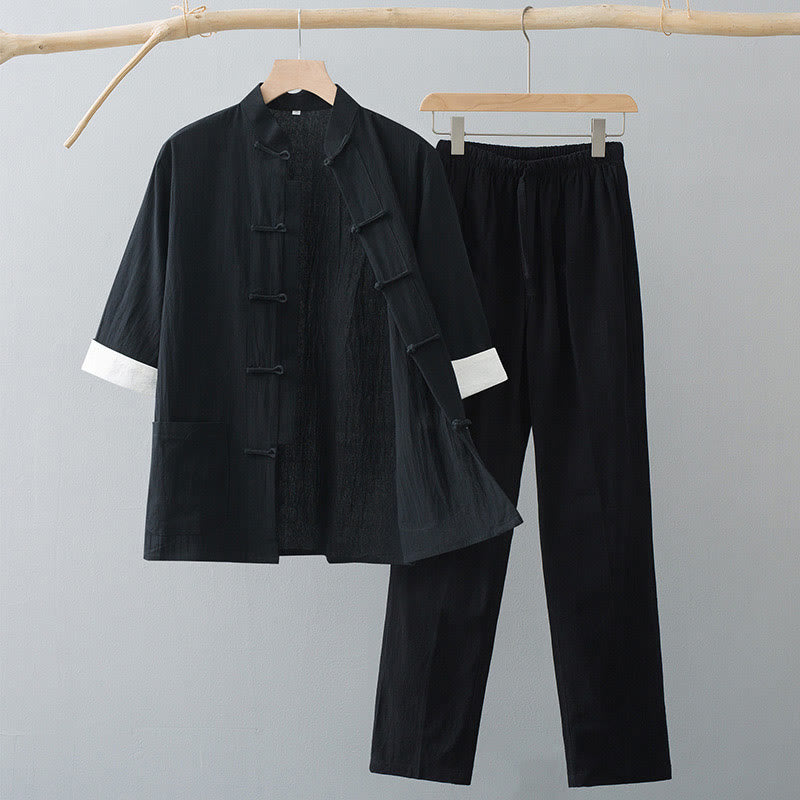 Conjunto de ropa para hombre: camiseta de manga corta y pantalón de algodón con estampado de Buddha Stones y estampado de rana tradicional. - Top negro y pantalones negros - US/UK/AU44, EU54 (4XL)  - image 8