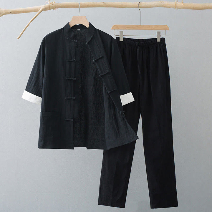 Conjunto de ropa para hombre: camiseta de manga corta y pantalón de algodón con estampado de Buddha Stones y estampado de rana tradicional. - Top negro y pantalones negros - US/UK/AU44, EU54 (4XL)  - image 8