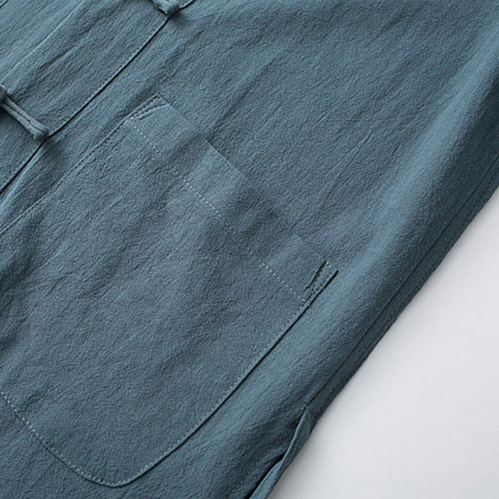 Conjunto de ropa para hombre con pantalones y camisa de media manga de algodón con botones tradicionales de rana estilo Tang de Buddha Stones - image 3