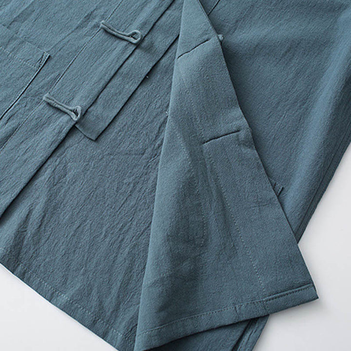 Conjunto de ropa para hombre con pantalones y camisa de media manga de algodón con botones tradicionales de rana estilo Tang de Buddha Stones - image 4