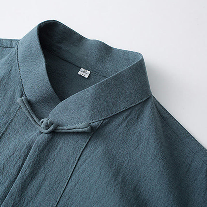 Conjunto de ropa para hombre con pantalones y camisa de media manga de algodón con botones tradicionales de rana estilo Tang de Buddha Stones - image 1