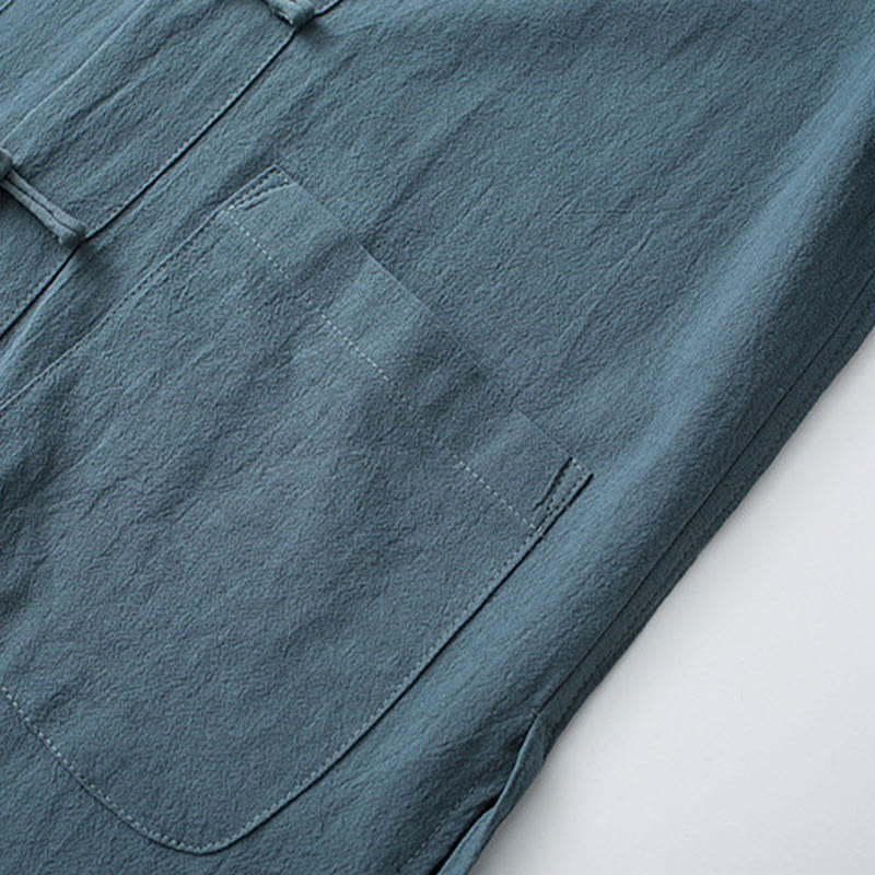 Conjunto de ropa para hombre con pantalones y camisa de media manga de algodón con botones tradicionales de rana estilo Tang de Buddha Stones - image 3