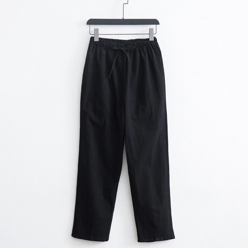 Pantalones informales de algodón y lino de color sólido para hombre con cordón y bolsillos de Buddha Stones - Negro - US/UK/AU44, EU54 (4XL)  - image 2