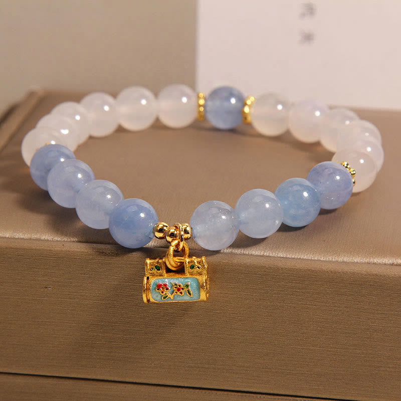 Buddha Stones Pulsera de Protección de Ágata Blanca Natural y Aguamarina