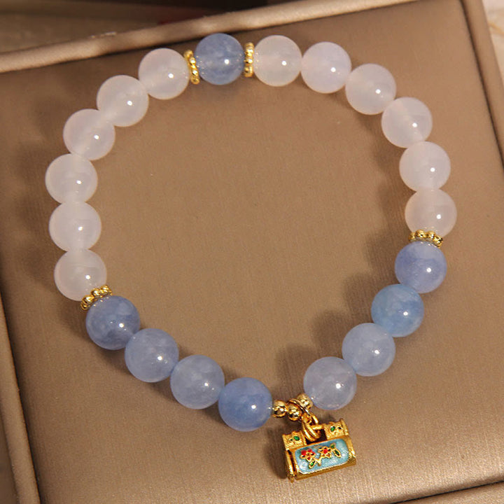 Buddha Stones Pulsera de Protección de Ágata Blanca Natural y Aguamarina