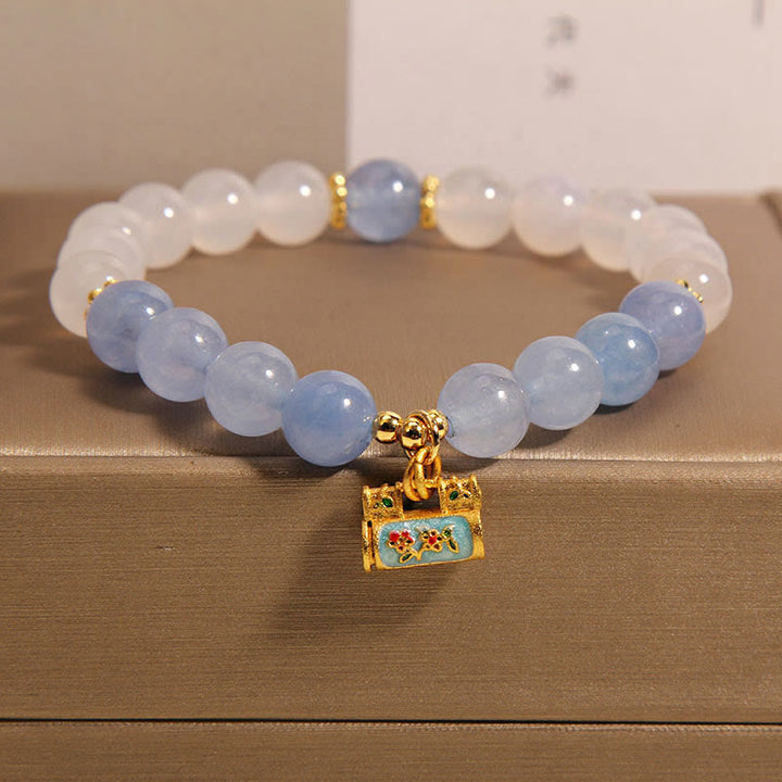 Buddha Stones Pulsera de Protección de Ágata Blanca Natural y Aguamarina