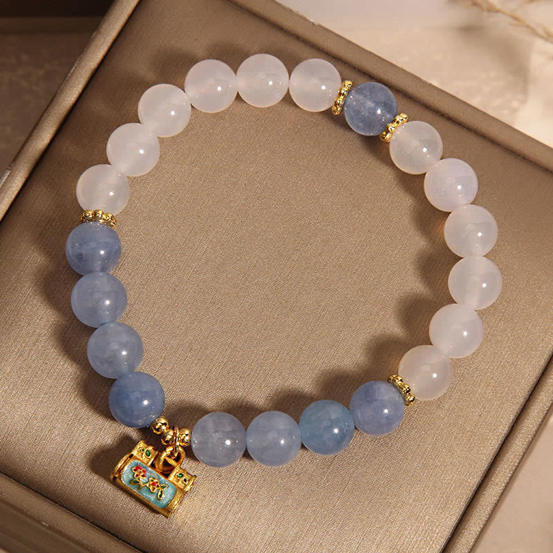 Buddha Stones Pulsera de Protección de Ágata Blanca Natural y Aguamarina