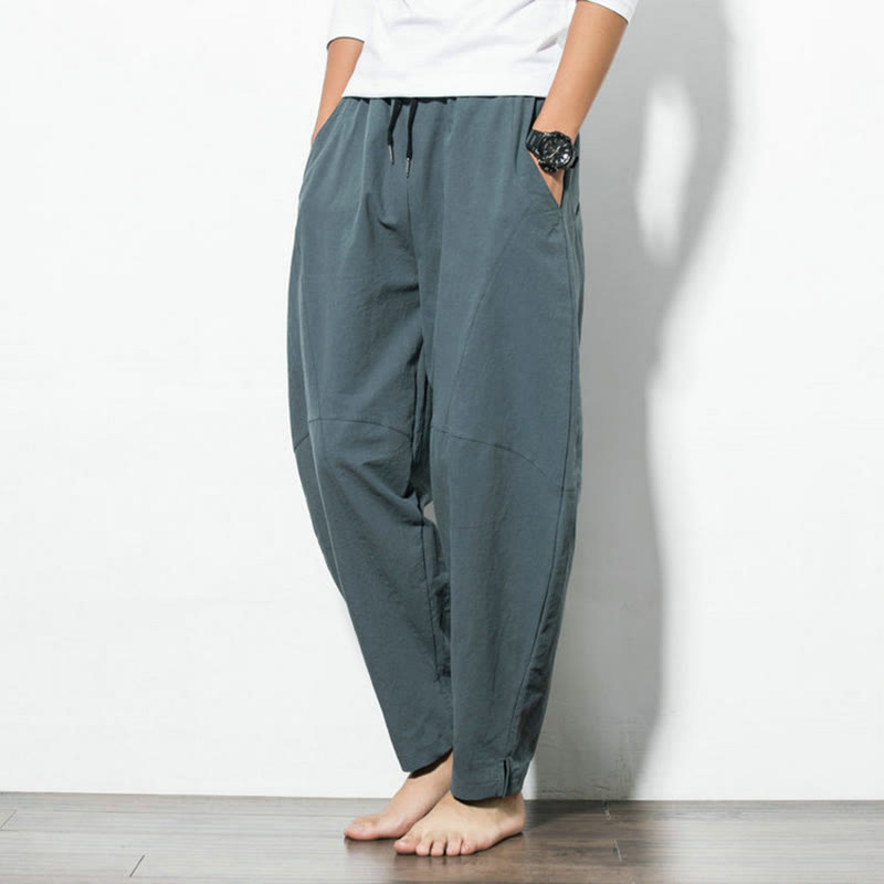 Pantalones informales de algodón de color sólido con cordón y bolsillos para hombres de Buddha Stones - image 1
