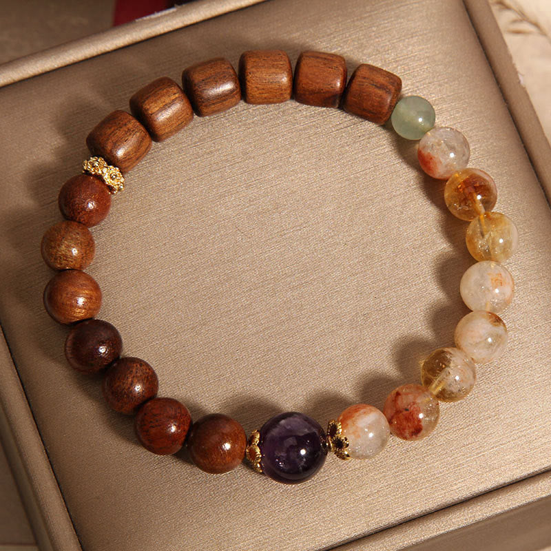 Buddha Stones Pulsera de Protección de Madera de Sándalo, Madera de Rosa y Citrino