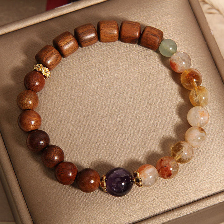 Buddha Stones Pulsera de Protección de Madera de Sándalo, Madera de Rosa y Citrino