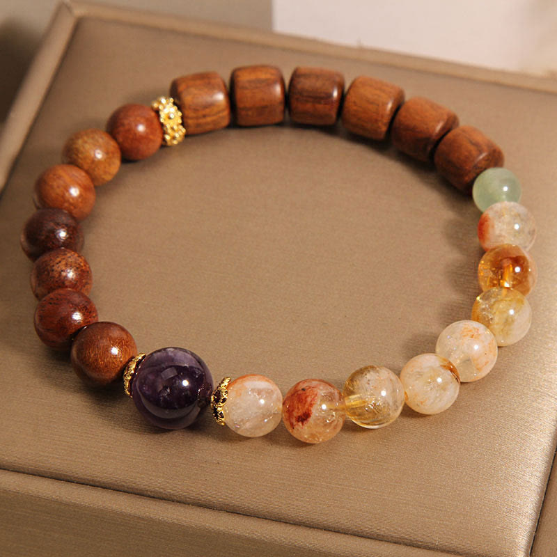 Buddha Stones Pulsera de Protección de Madera de Sándalo, Madera de Rosa y Citrino