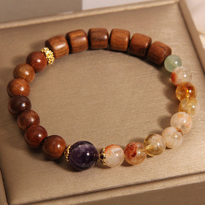 Buddha Stones Pulsera de Protección de Madera de Sándalo, Madera de Rosa y Citrino