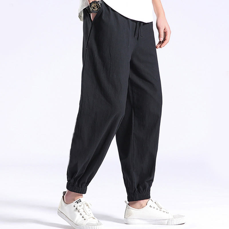 Pantalones Harem Casuales para Hombre de Algodón y Lino de Color Sólido con Bolsillos Buddha Stones - Negro - US/UK/AU44, EU54 (4XL) - image 0