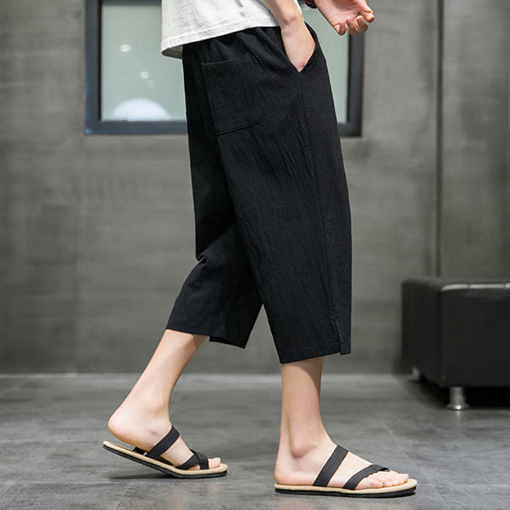 Pantalones cortos de lino con cordón y bolsillos de Buddha Stones para hombre, de verano - image 12