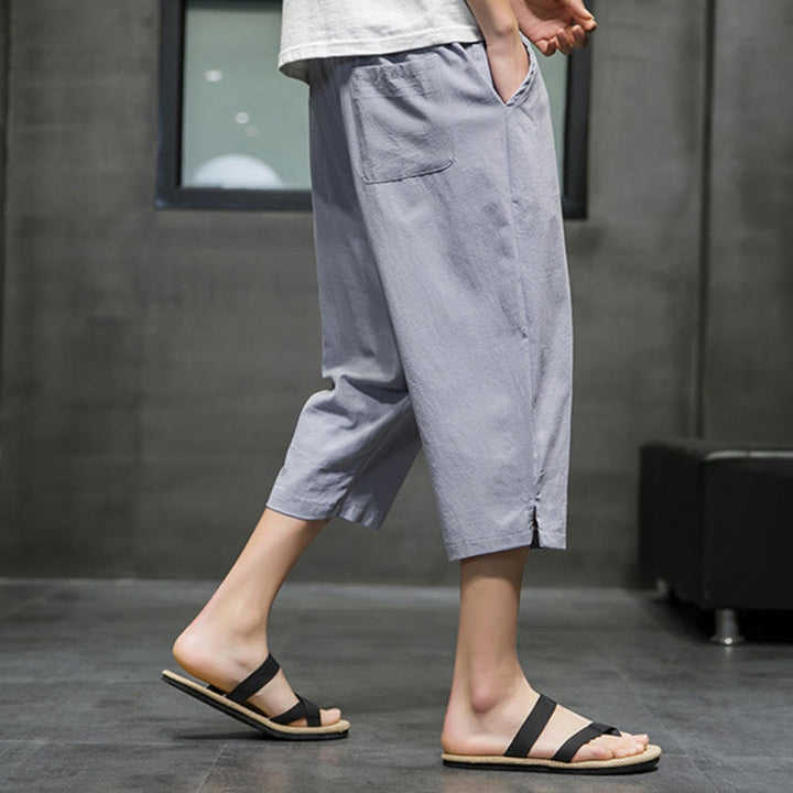 Pantalones cortos de lino con cordón y bolsillos de Buddha Stones para hombre, de verano - image 20
