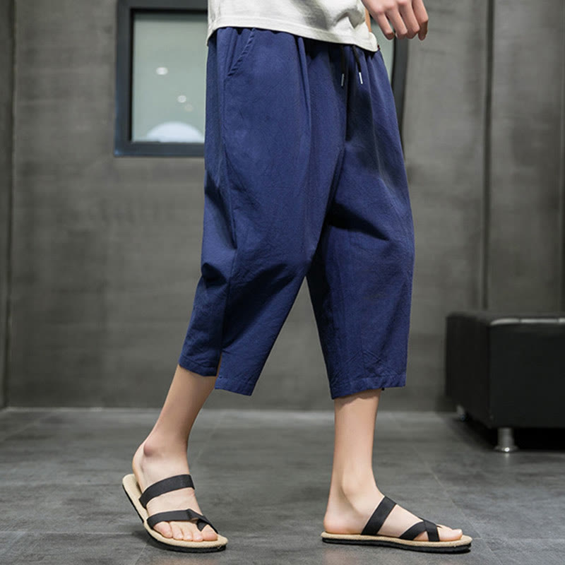 Pantalones cortos de lino con cordón y bolsillos de Buddha Stones para hombre, de verano - image 3